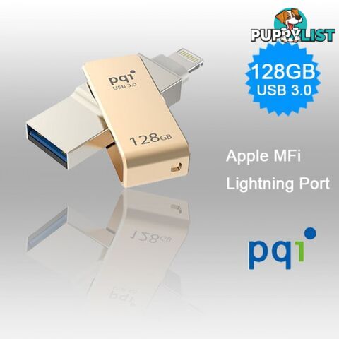 PQI iConnect Mini 6I04-128GR2001 Gold [Apple MFi] 128 GB Mobile Flash Drive w/ Lightning Connector for iPhones iPads Mac & PC USB 3.0 (6I04-128GR2001)