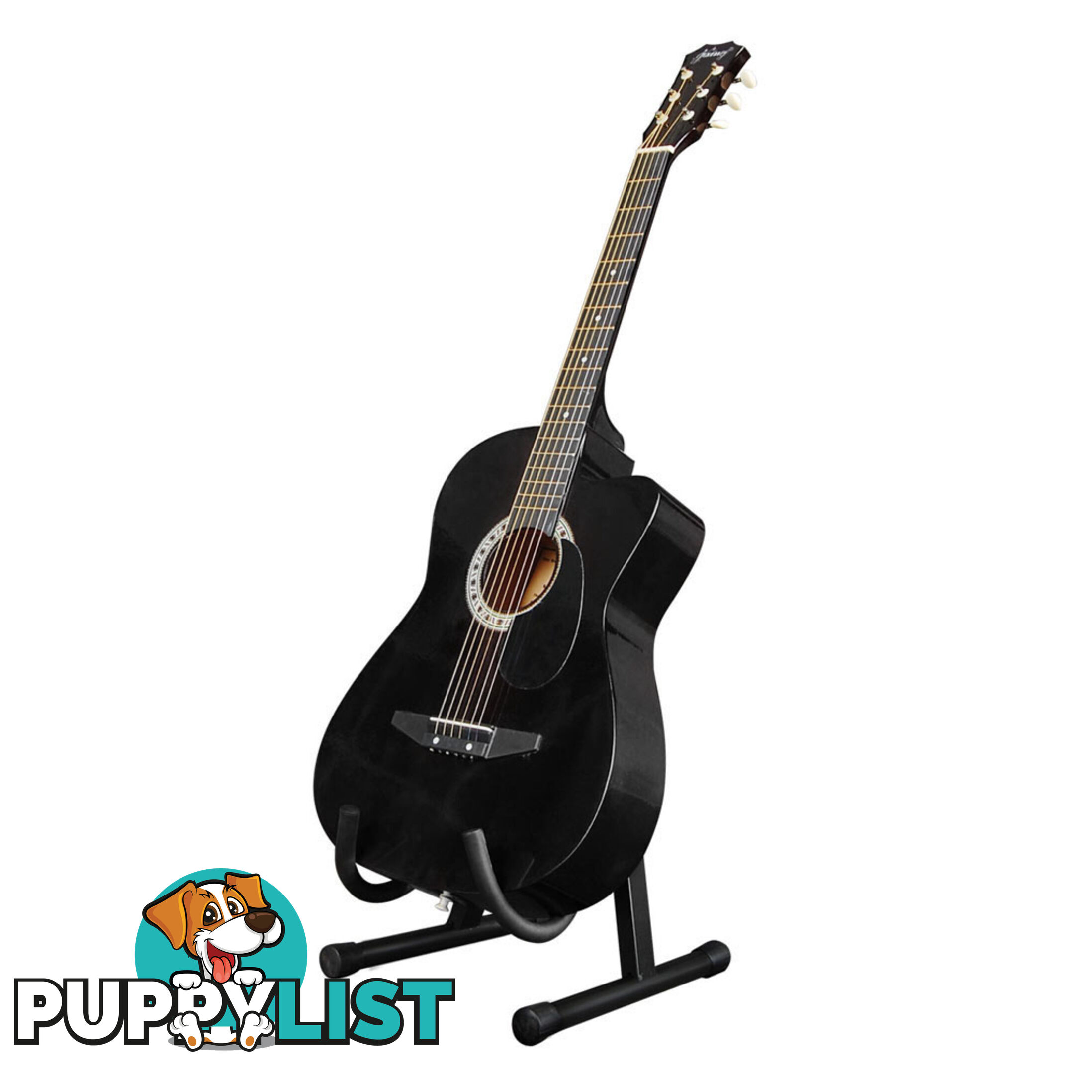 Acoustic Cutaway Guitar Black w/ Steel String Stand Strap