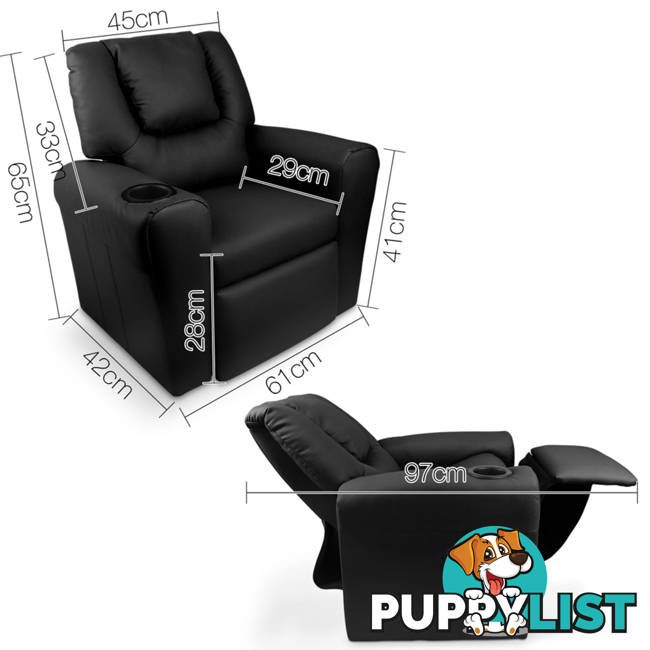 Premium Children PU Leather Sofa Kids Recliner Lounge Padded Arm Chair Black