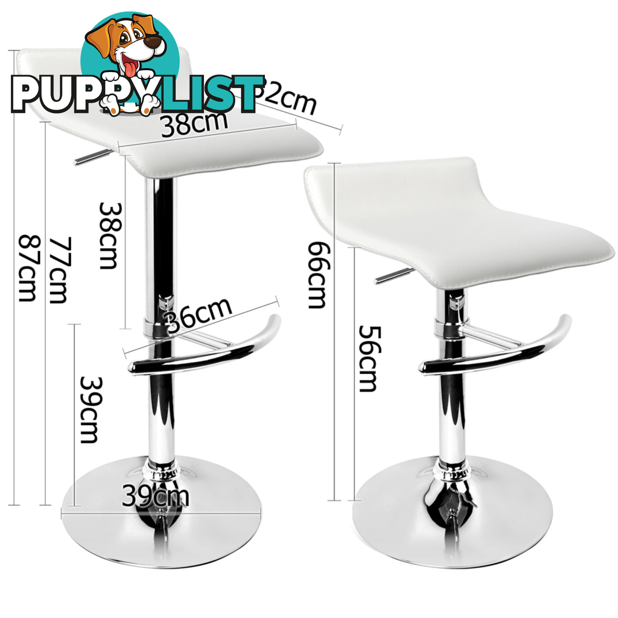 2 x PVC Leather Bar Stool Kitchen Counter Gas Lift Chair Cafe Swivel Stool White