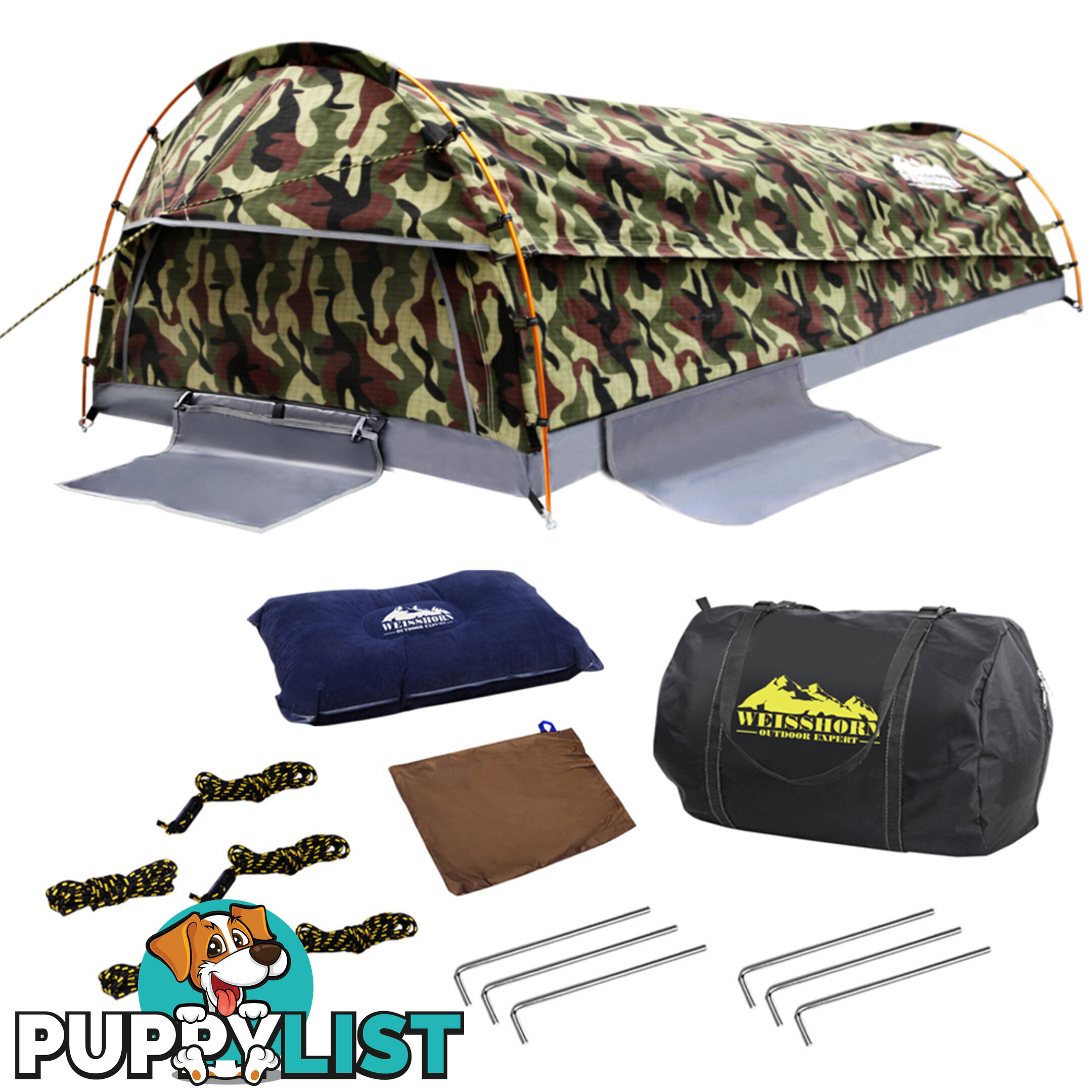 King Single Camping Canvas Swag Tent Green Camouflage w/ Bag