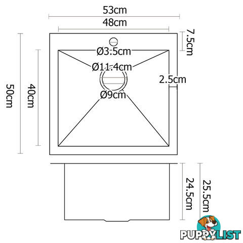 Handmade Stainless Steel Kitchen Laundry Sink Topmount Undermount 530 x 500mm