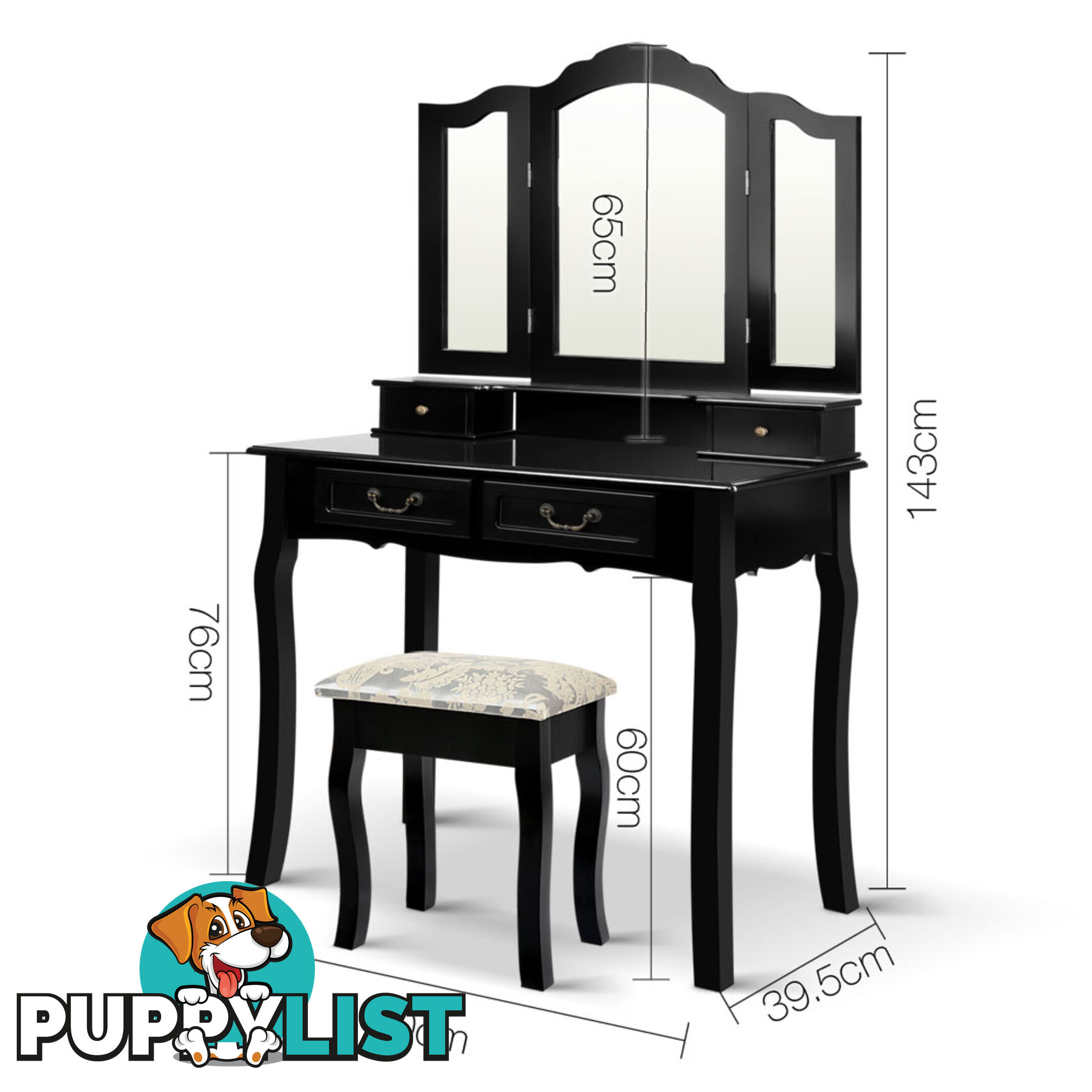 4 Drawer Dressing Table with Mirror - Black