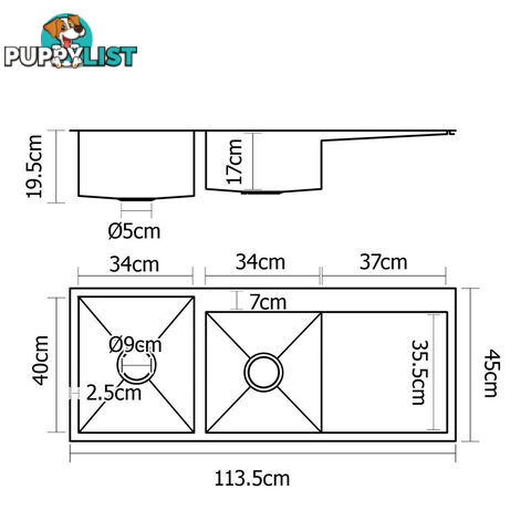 Handmade Stainless Steel Kitchen Laundry Sink Strainer Waste 1135 x 450mm