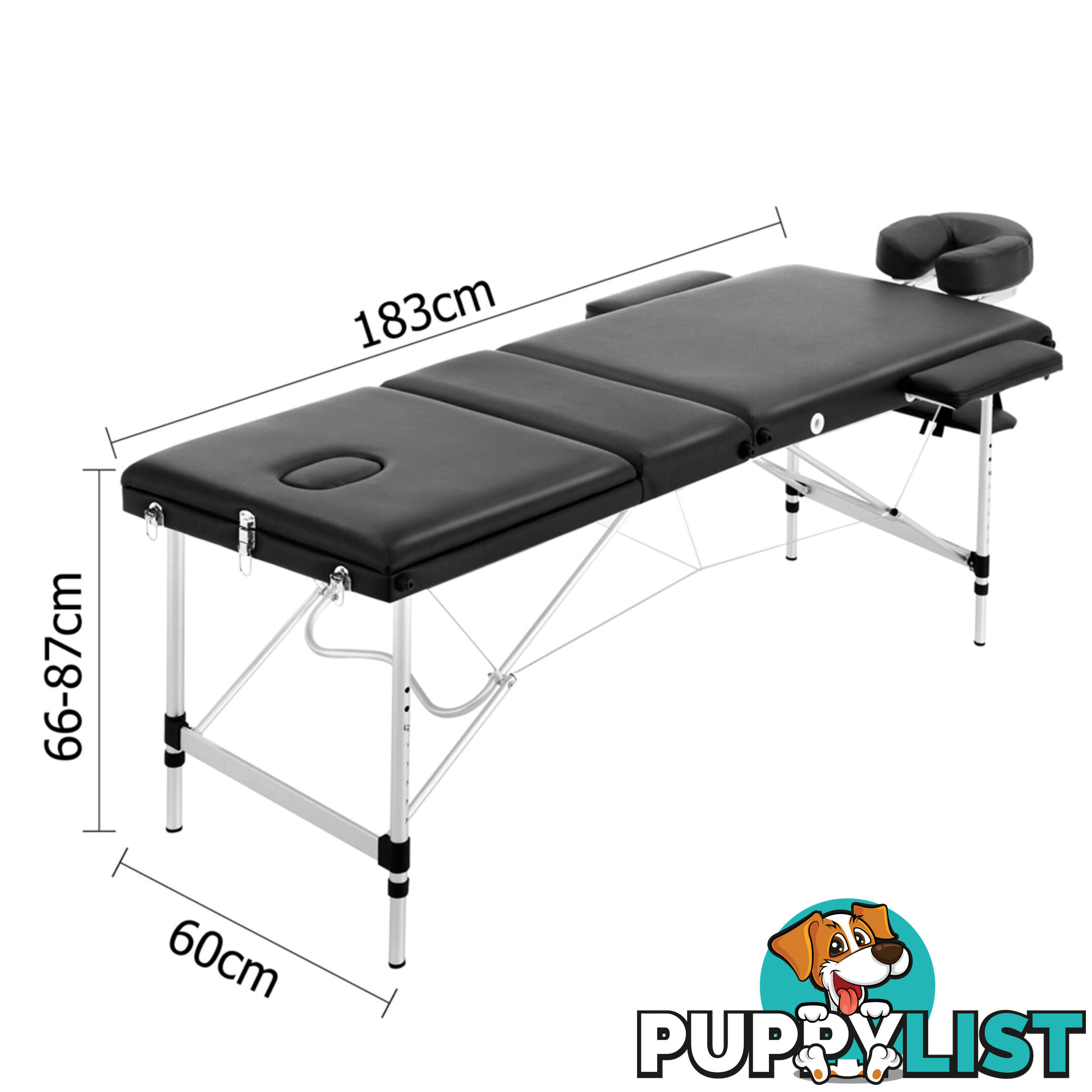 Portable Aluminium Massage Bed Beauty Waxing Table Chair 3 Fold Black 60cm