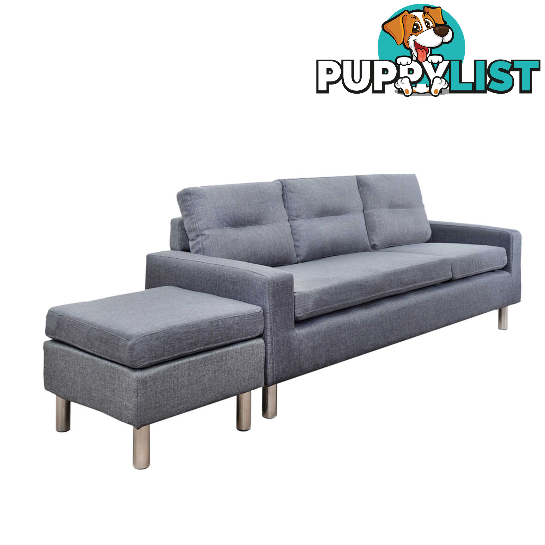 Four Seater Faux Linen Fabric Sofa with Ottoman Grey