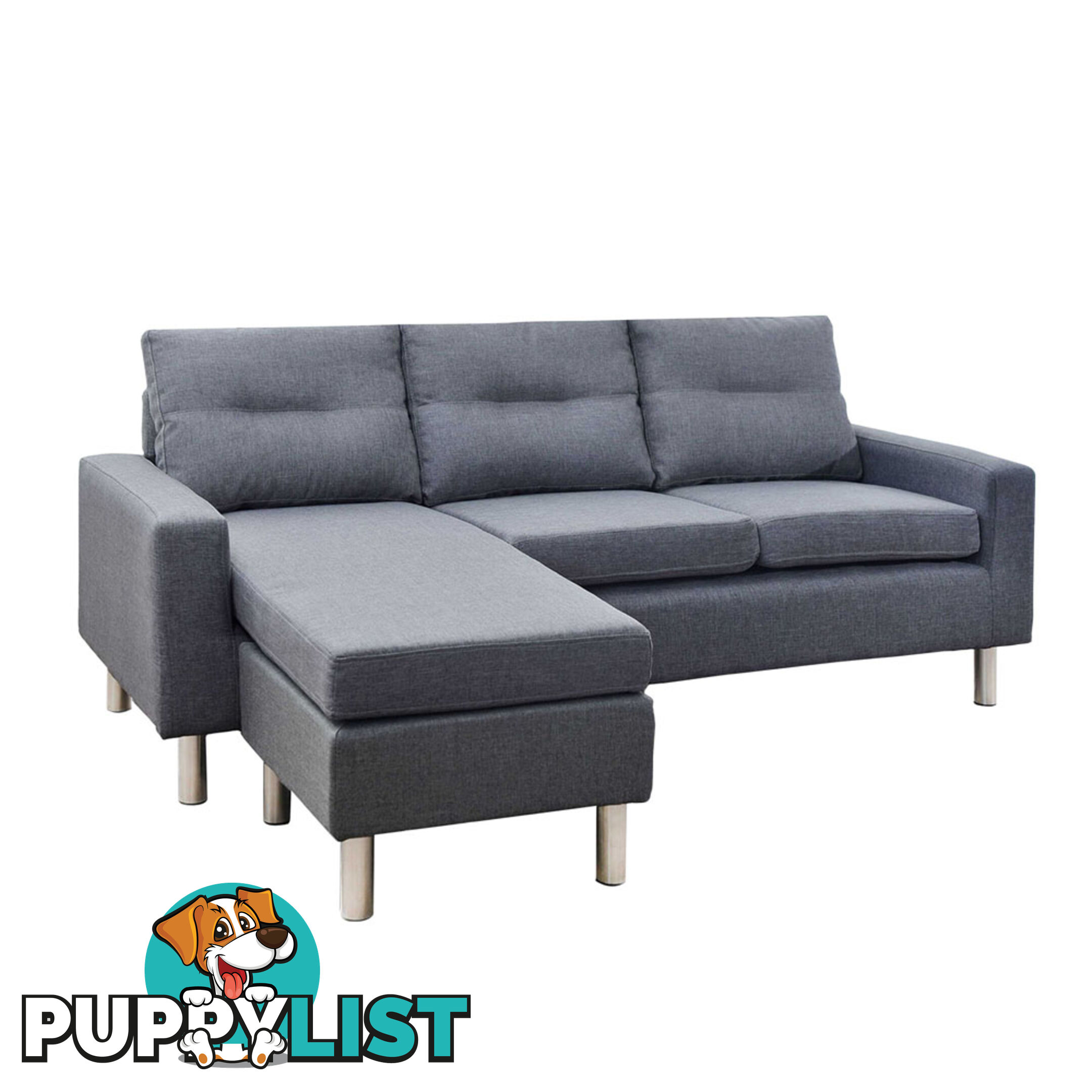 Four Seater Faux Linen Fabric Sofa with Ottoman Grey