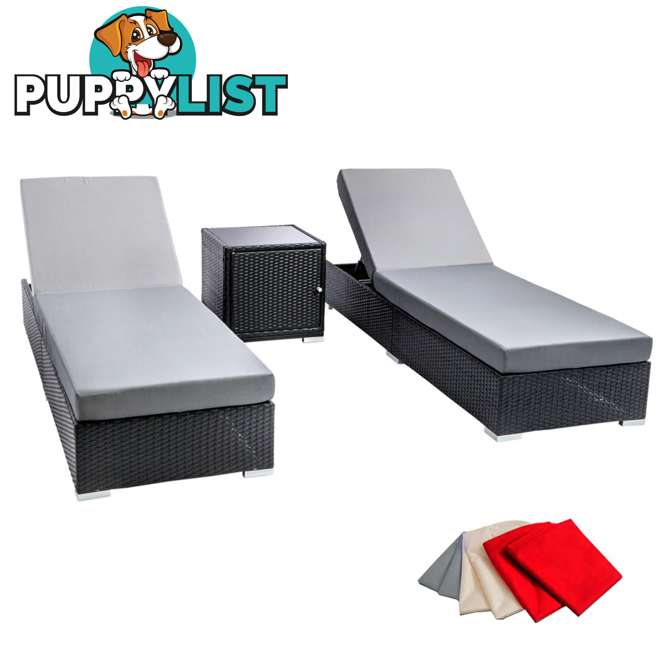 3pcs Outdoor Lounge Set Wicker Rattan Storage Cube 2 Seater Black Grey