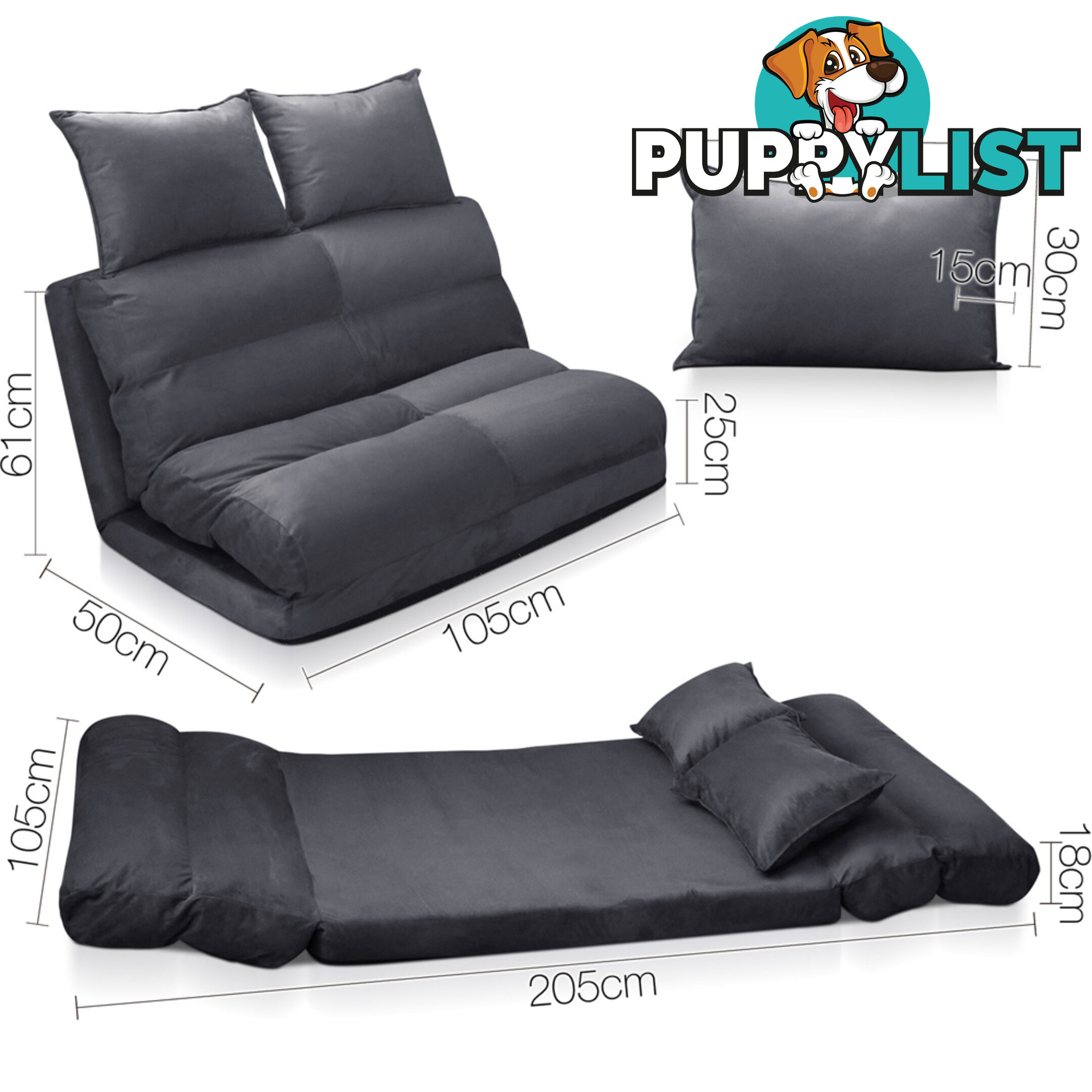 Double Size Adjustable Lounge Sofa - 5 positions Charcoal