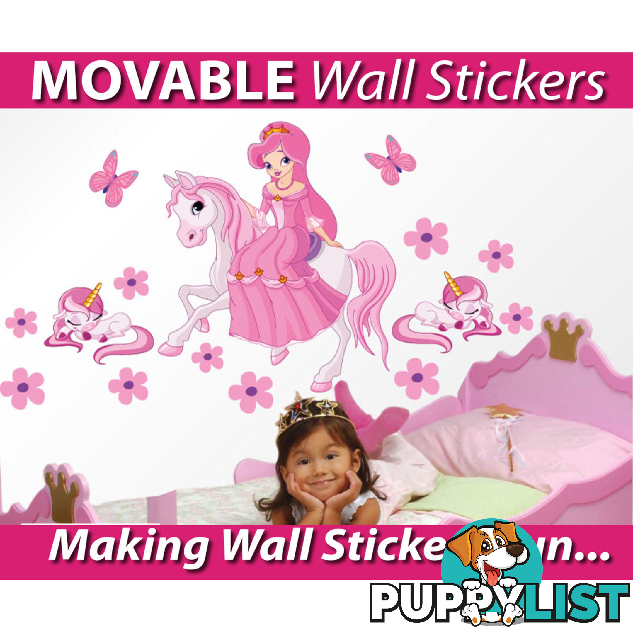 Medium Size Princess on a horse with unicorns Wall Sticker - Totally Movable