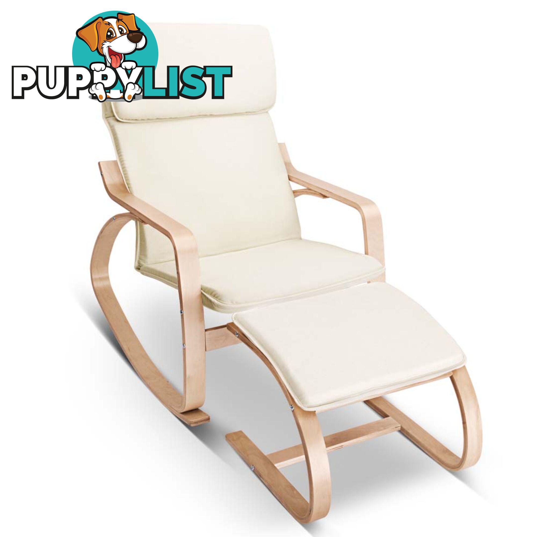 Birch Bentwood Armchair Fabric Rocking Lounge Recliner Sofa Foot Stool Beige