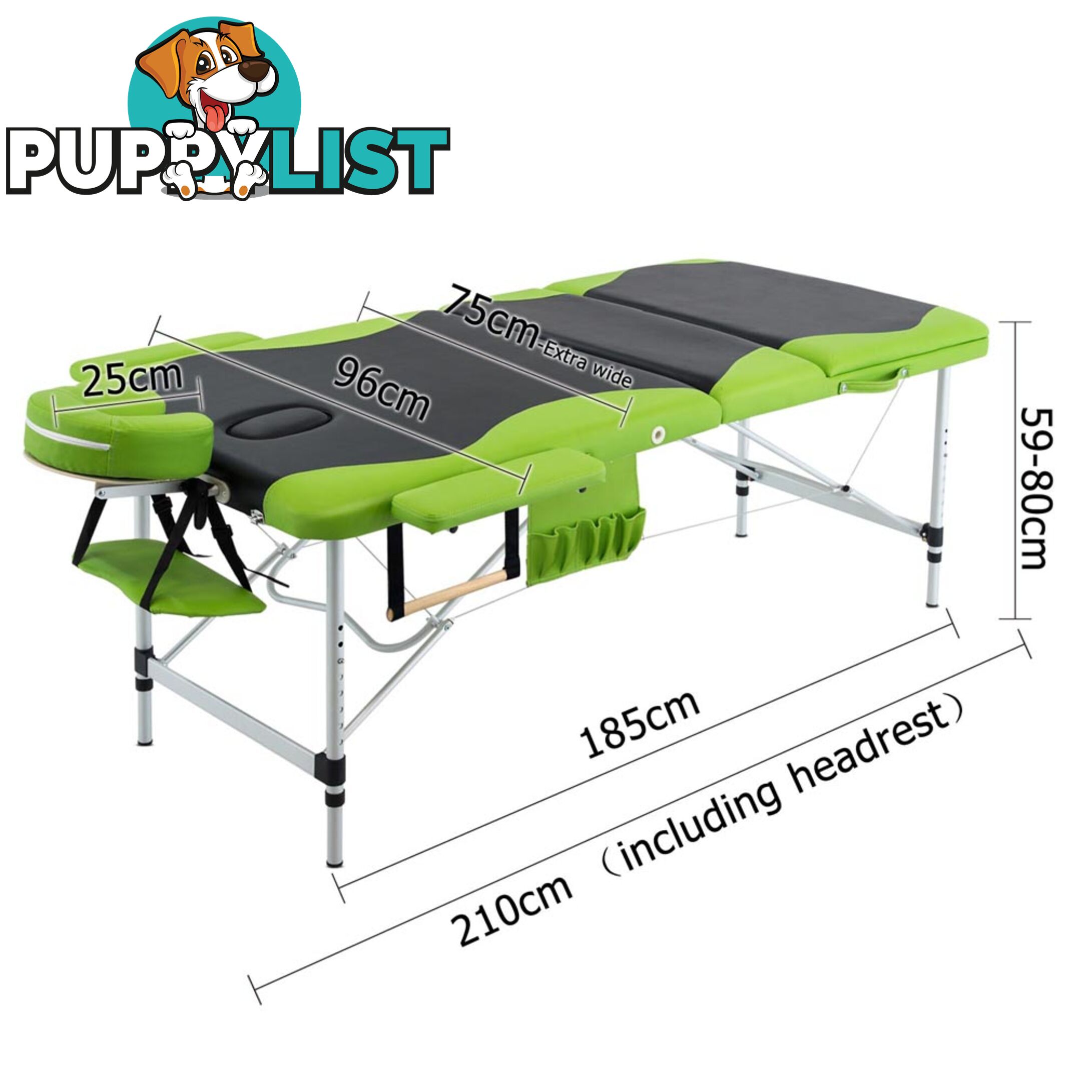 Aluminium Massage Table 3 Fold Green Black