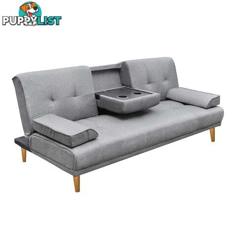 3 Seater Linen Fabric Sofa Bed w/ 2 Cup Holder Grey