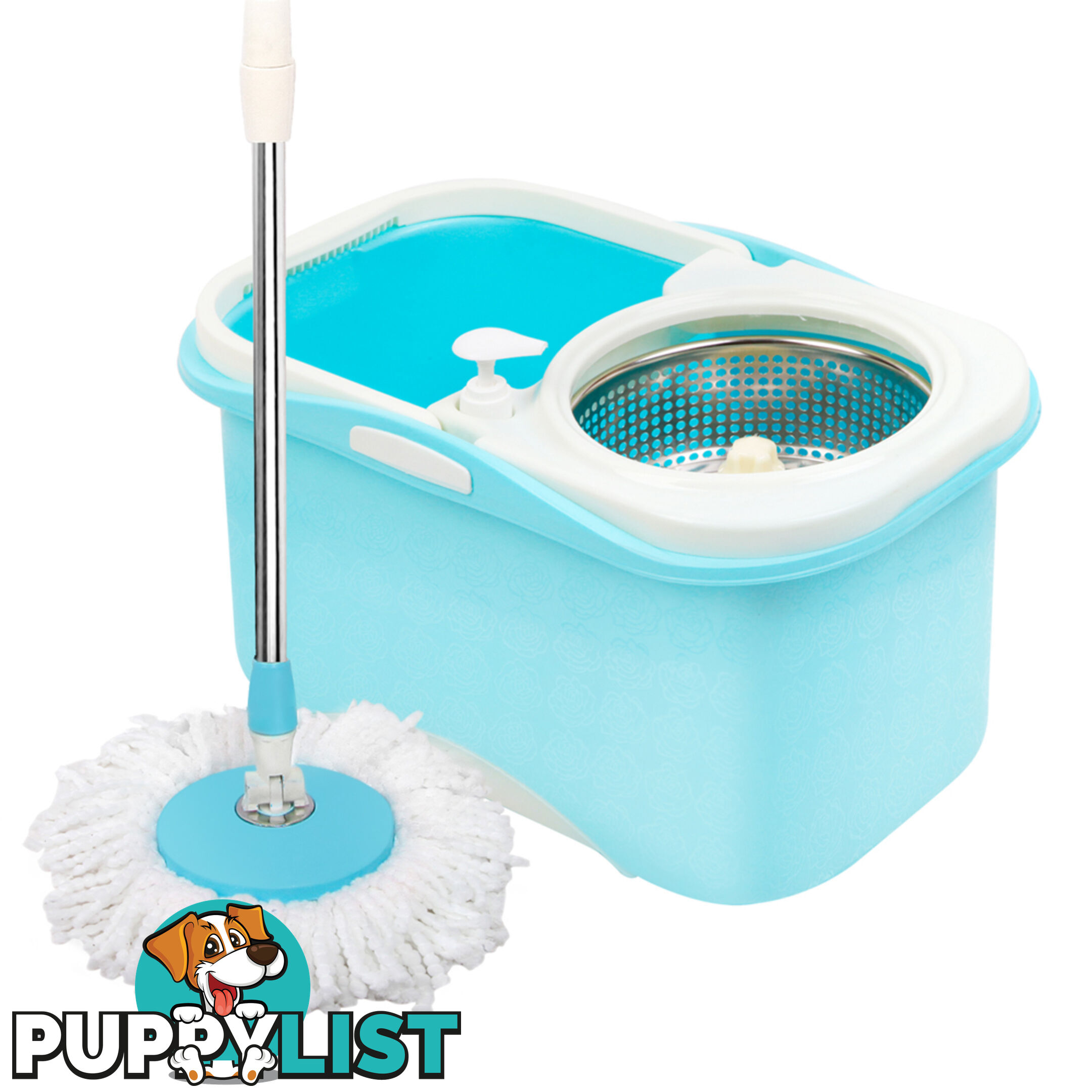 360 Degree Spinning Mop Stainless Steel Spin Dry Bucket w/ 2 Mop Heads 7.5L Blue