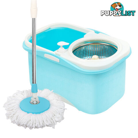 360 Degree Spinning Mop Stainless Steel Spin Dry Bucket w/ 2 Mop Heads 7.5L Blue