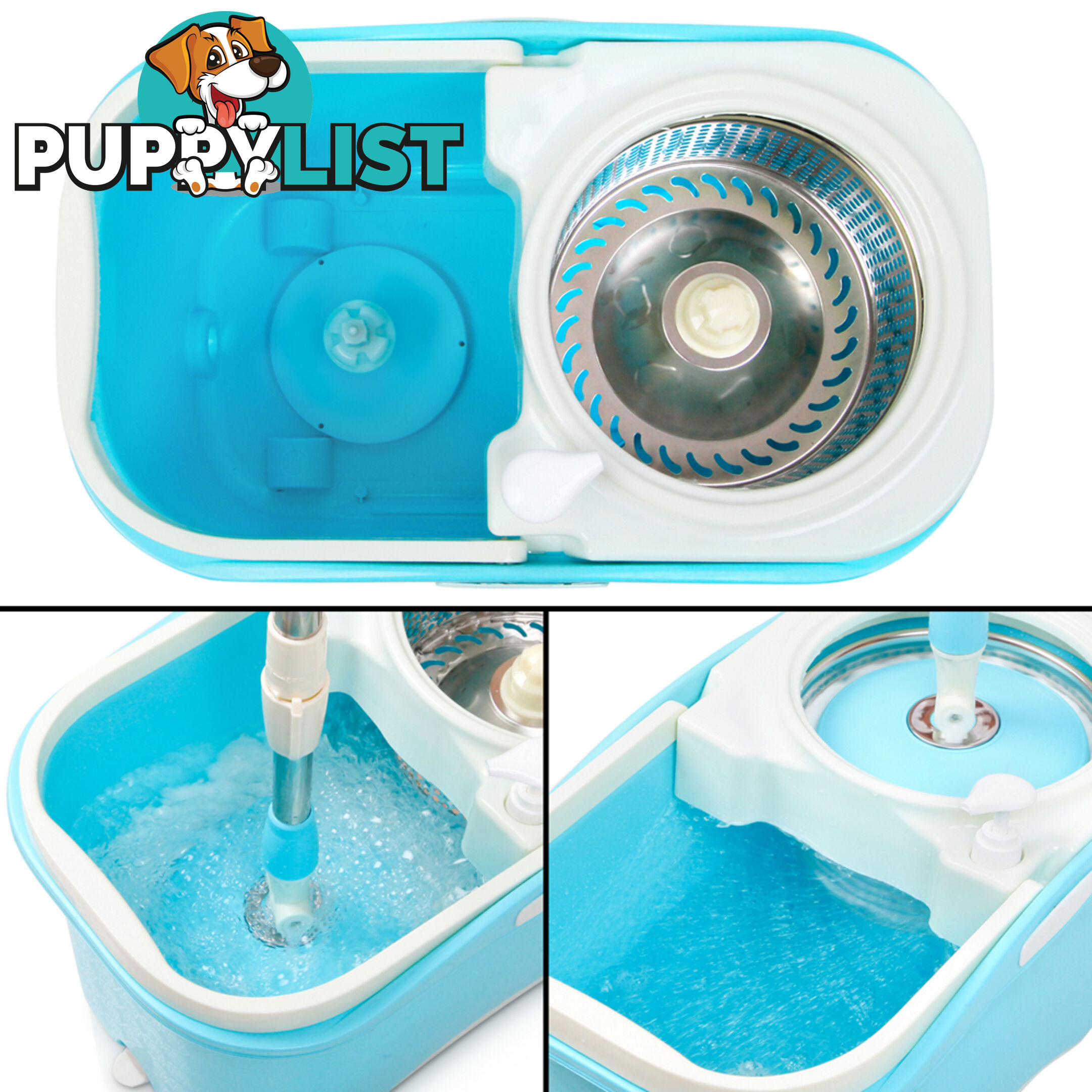 360 Degree Spinning Mop Stainless Steel Spin Dry Bucket w/ 2 Mop Heads 7.5L Blue