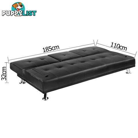 3 Seater PU Leather Sofa Bed Modern Couch Lounges Mattress 2 Cup Holder Black