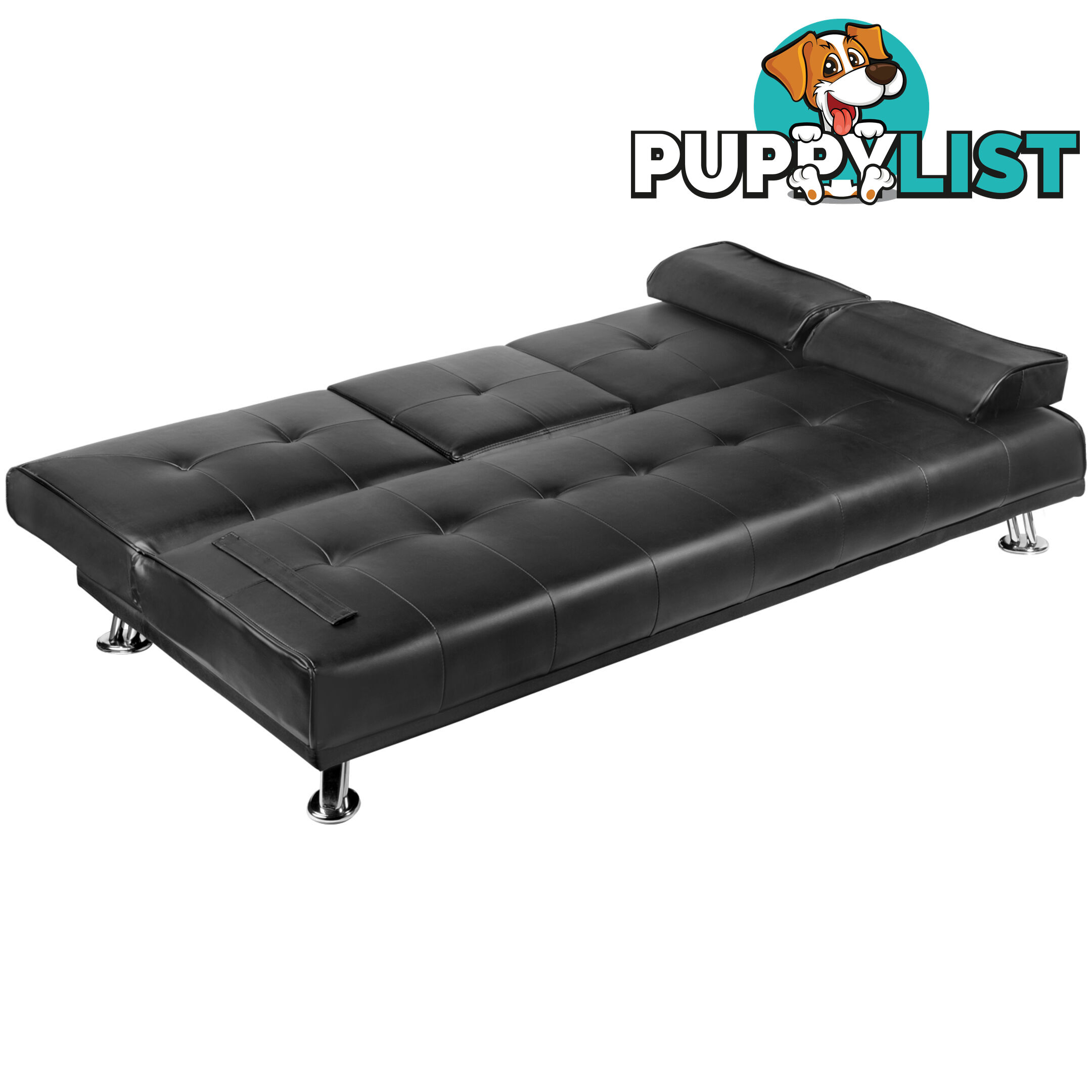 3 Seater PU Leather Sofa Bed Modern Couch Lounges Mattress 2 Cup Holder Black