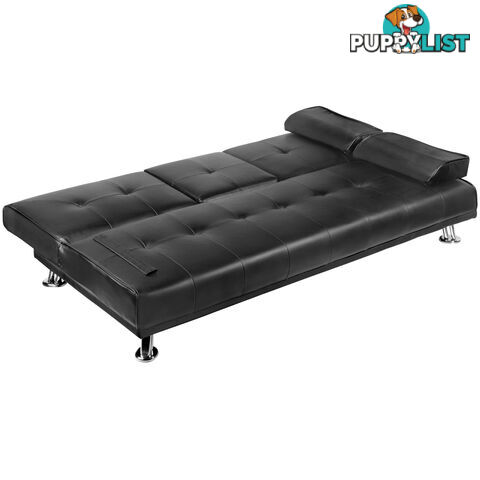 3 Seater PU Leather Sofa Bed Modern Couch Lounges Mattress 2 Cup Holder Black