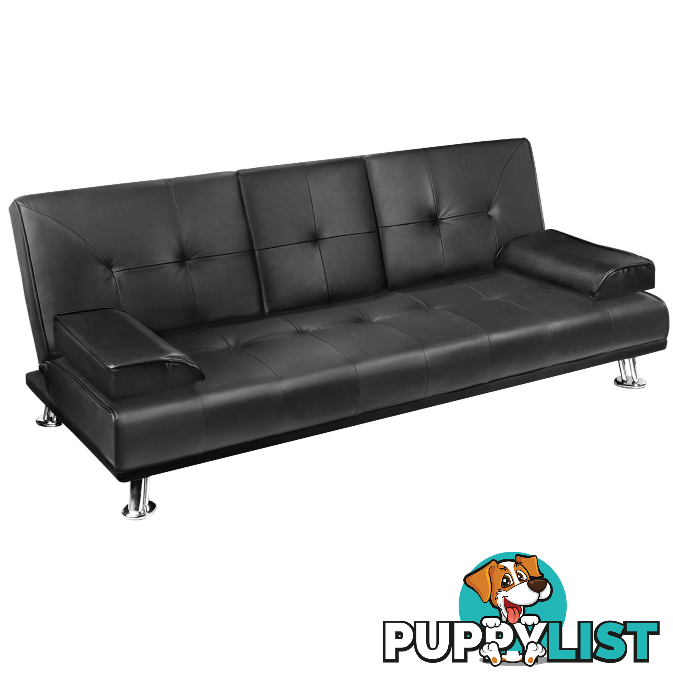 3 Seater PU Leather Sofa Bed Modern Couch Lounges Mattress 2 Cup Holder Black