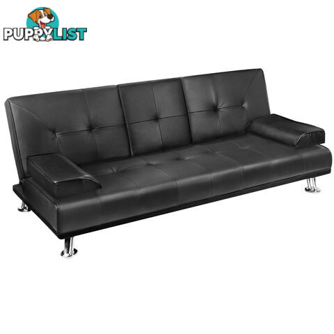 3 Seater PU Leather Sofa Bed Modern Couch Lounges Mattress 2 Cup Holder Black