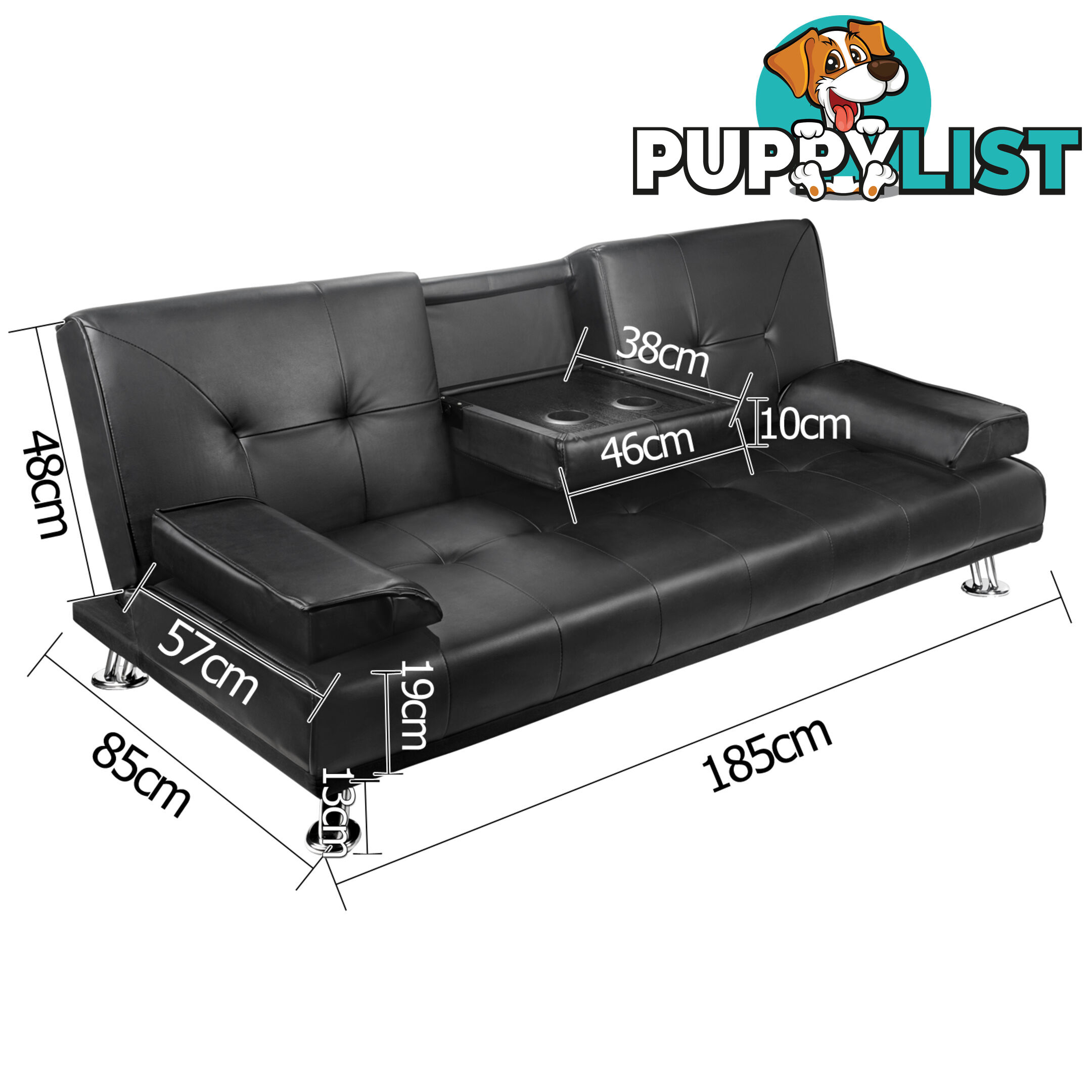 3 Seater PU Leather Sofa Bed Modern Couch Lounges Mattress 2 Cup Holder Black