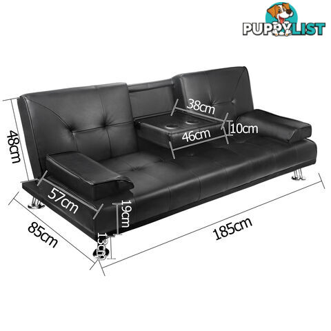 3 Seater PU Leather Sofa Bed Modern Couch Lounges Mattress 2 Cup Holder Black