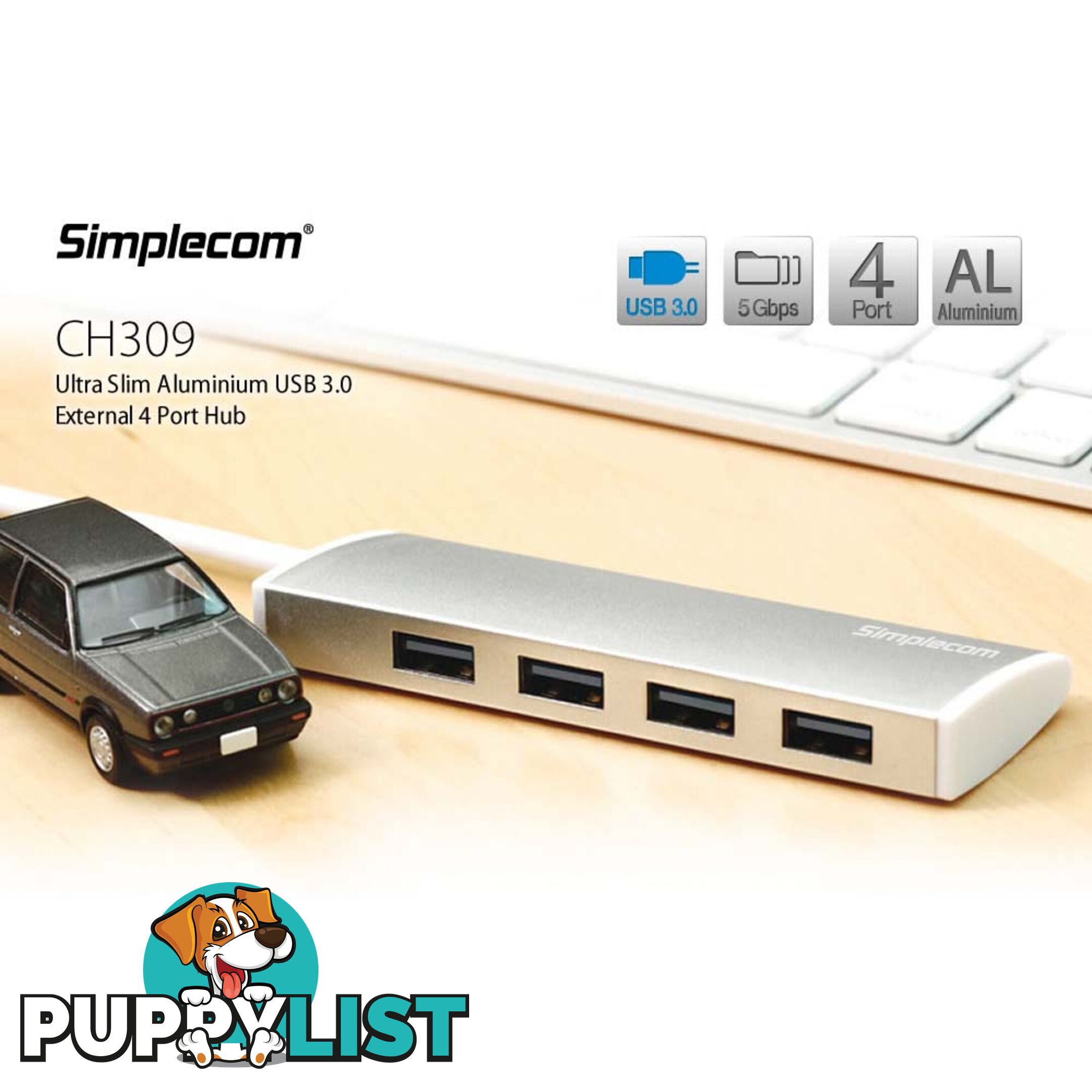 Simplecom CH309 Ultra Slim Aluminium USB 3.0 External 4 Port Hub for PC Mac Laptop Silver