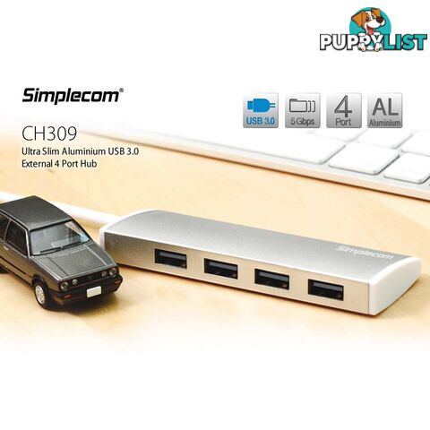 Simplecom CH309 Ultra Slim Aluminium USB 3.0 External 4 Port Hub for PC Mac Laptop Silver