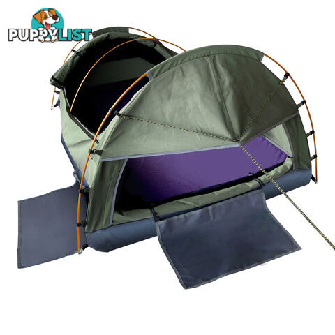 King Single Swag Canvas Camping Tent Aluminium Pole Carry Bag Air Pillow Green