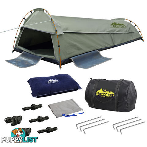 King Single Swag Canvas Camping Tent Aluminium Pole Carry Bag Air Pillow Green