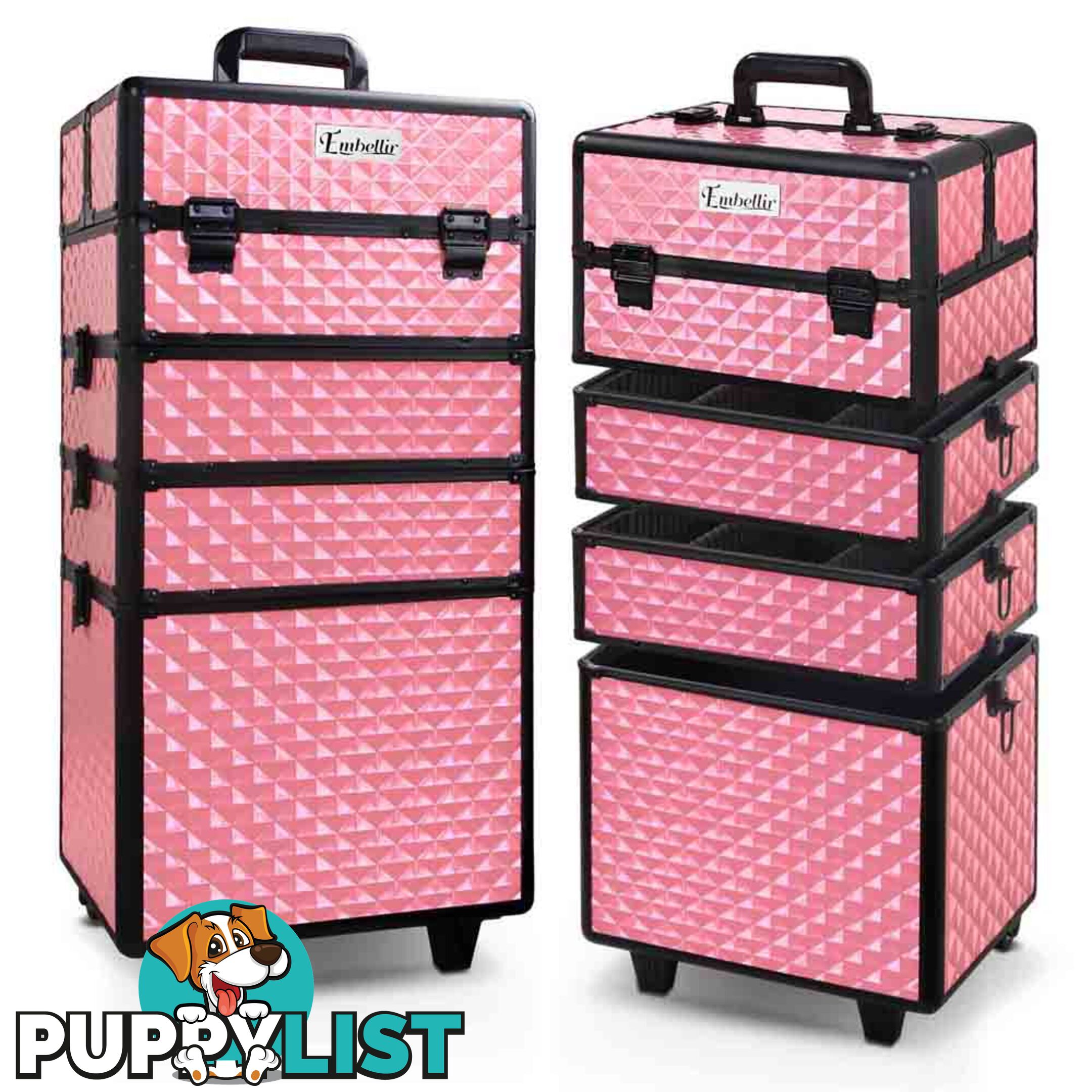 7in1 Professional Makeup Case Beauty Cosmetic Trolley Organiser Box Diamond Pink