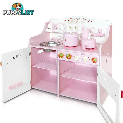 Children Wooden Pretend Kitchen Play Set Kids Home Cooking Cookware Toy Pink