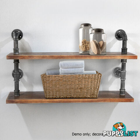 2 Level Rustic Industrial DIY Pipe Shelf Storage Vintage Wooden Floating Bookshelf Wall