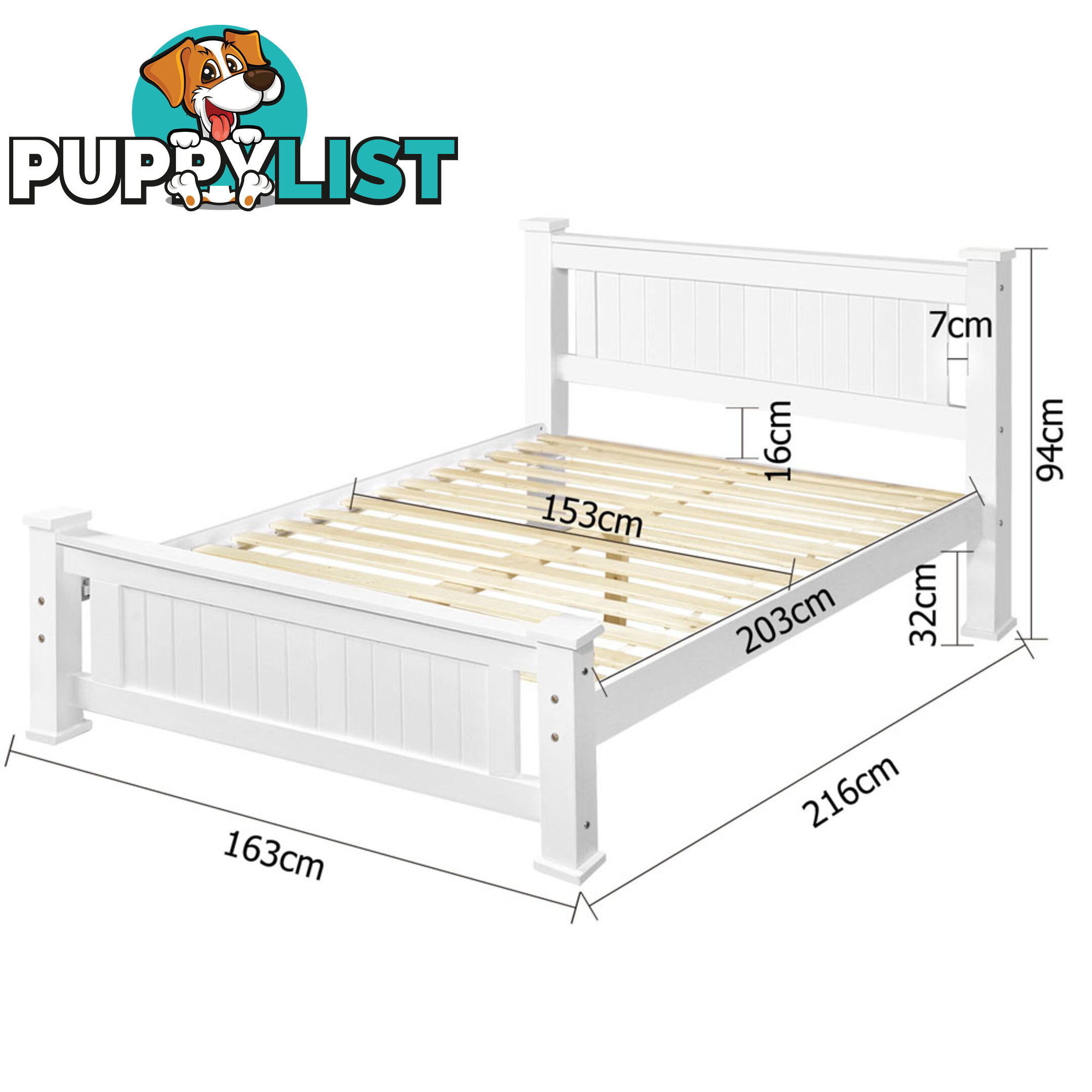 Wooden Bed Frame Pine Wood Queen White