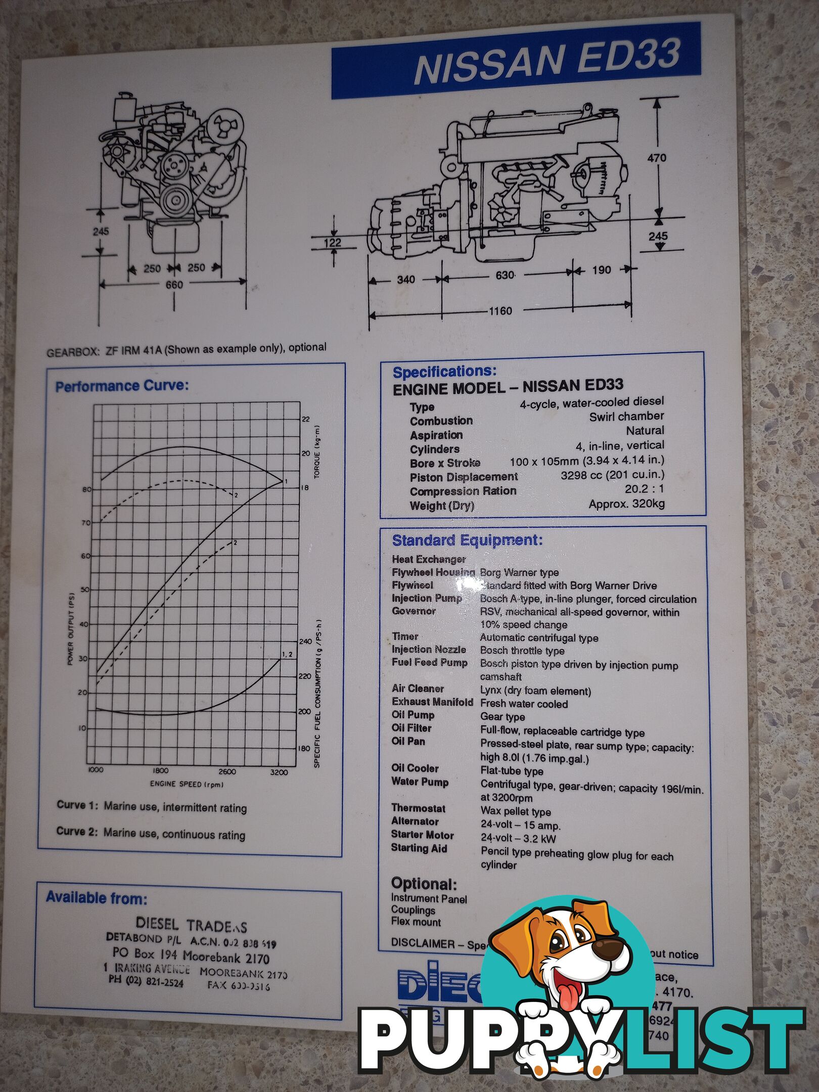 Nissan ED33 diesel engine with Marine conversion kit - about 80 hp.