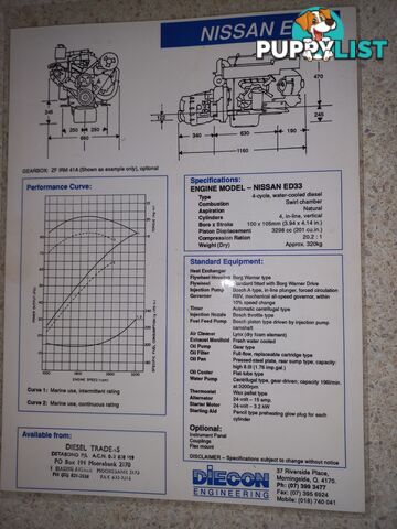 Nissan ED33 diesel engine with Marine conversion kit - about 80 hp.