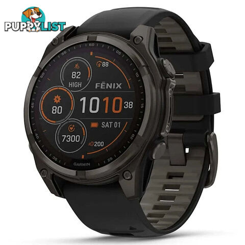 Garmin Fenix 8 47mm AMOLED Solar Sapphire Carbon Gray DLC Titanium with Black/Pebble Gray Silicone Band