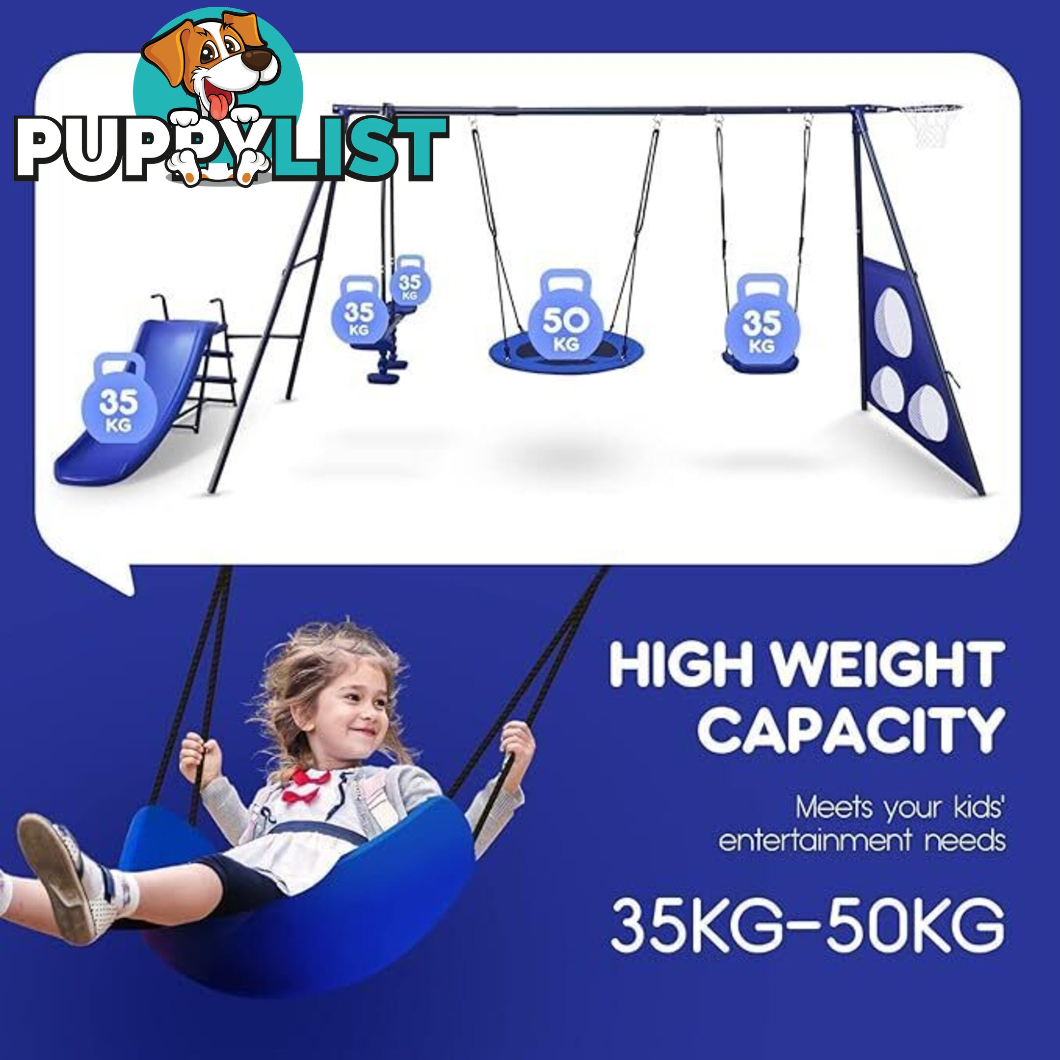 6 in 1 Swing Set with Seesaw, Basketball Hoop, Heavy-Duty Metal Children Playset