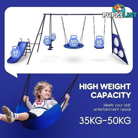 6 in 1 Swing Set with Seesaw, Basketball Hoop, Heavy-Duty Metal Children Playset