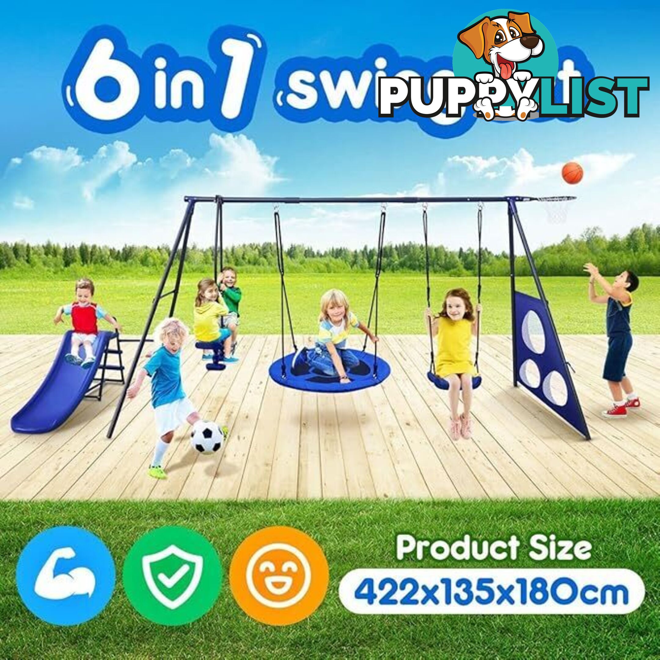 6 in 1 Swing Set with Seesaw, Basketball Hoop, Heavy-Duty Metal Children Playset