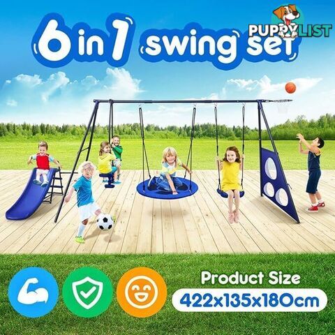 6 in 1 Swing Set with Seesaw, Basketball Hoop, Heavy-Duty Metal Children Playset