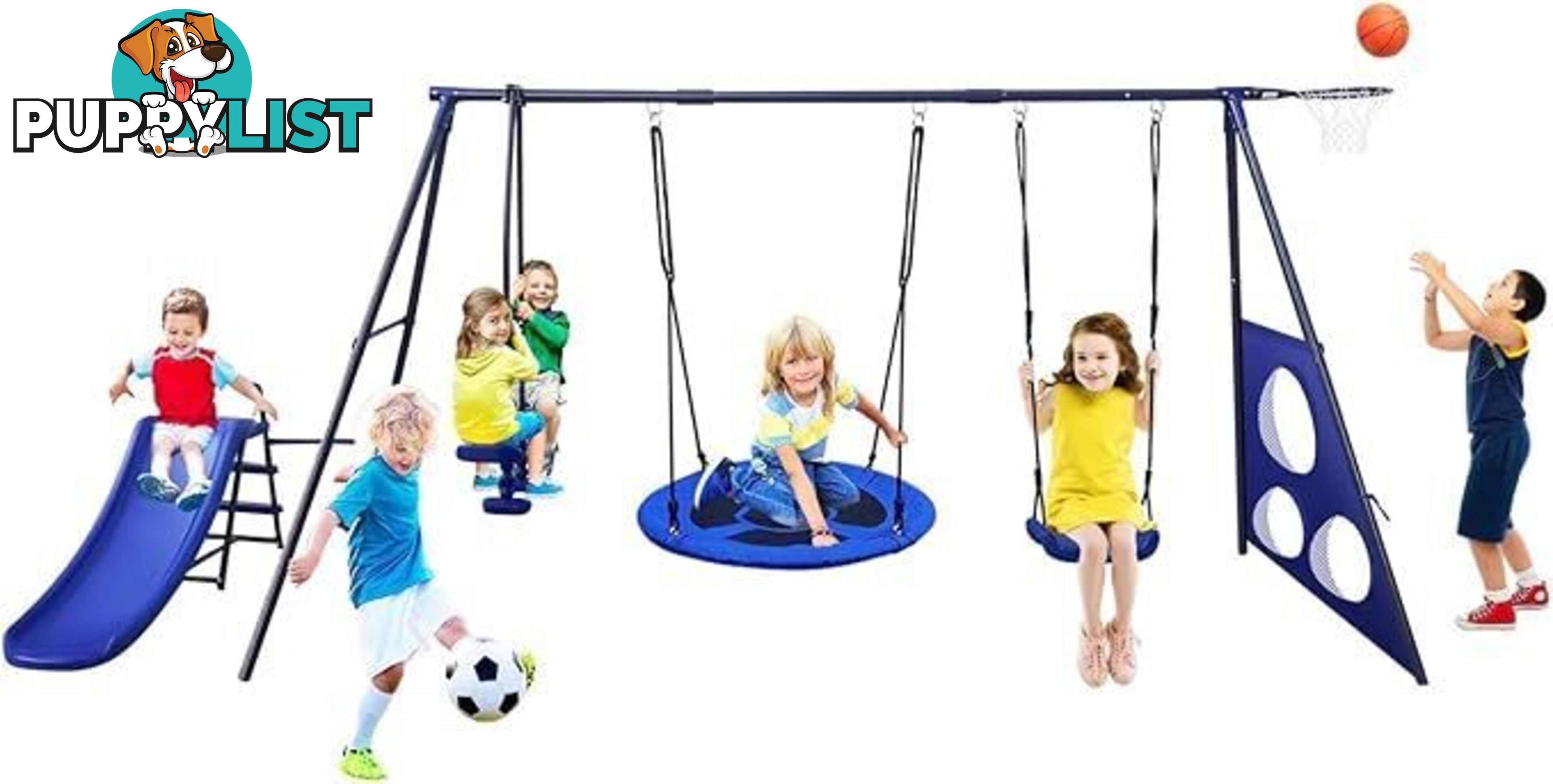 6 in 1 Swing Set with Seesaw, Basketball Hoop, Heavy-Duty Metal Children Playset