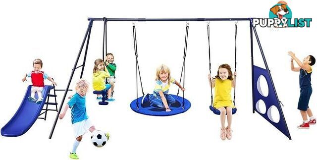 6 in 1 Swing Set with Seesaw, Basketball Hoop, Heavy-Duty Metal Children Playset