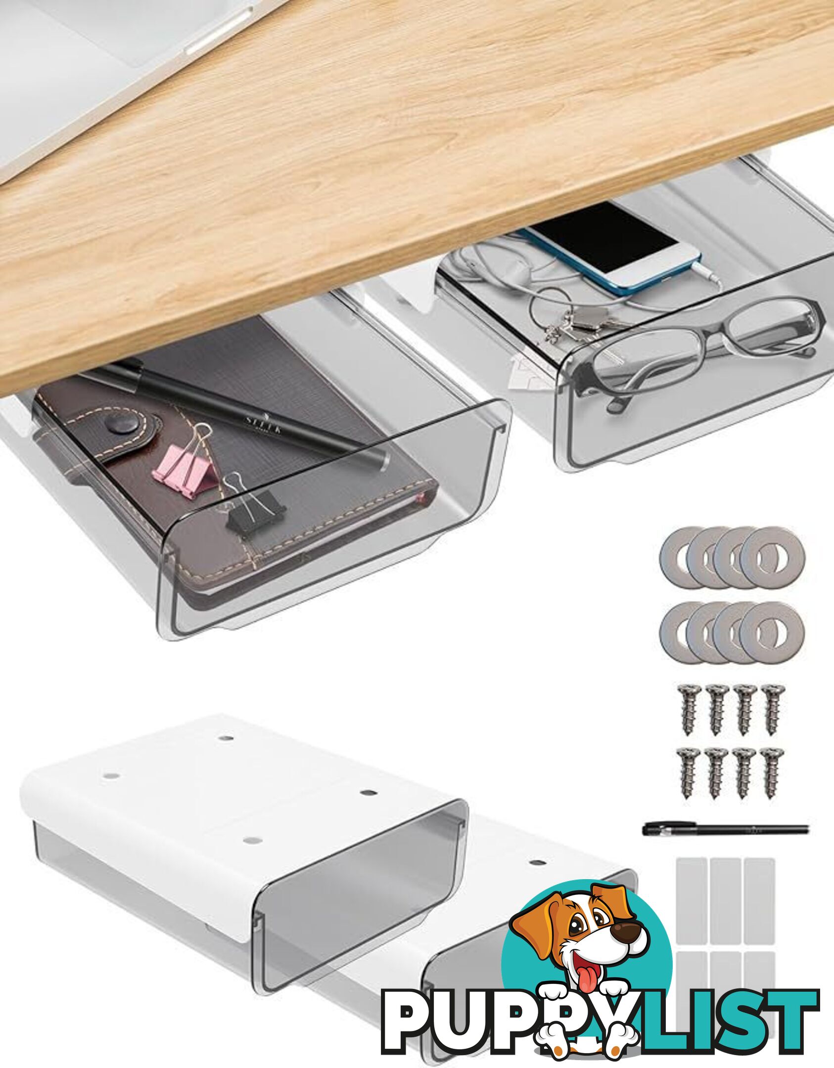 4 pack Under Desk Drawer Organiser, Slide Out