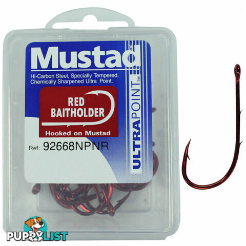 Mustad Red Bait Holder Fishing Hooks (Box) - Red BH Box - Mustad Hooks