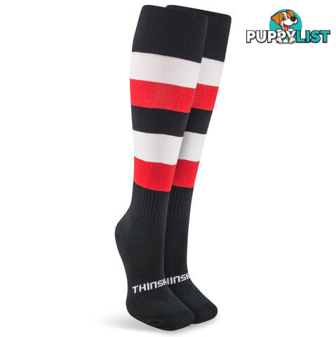 Thinskins Fine Knit Football Socks - Black/White Red Hoops - THINSKINS