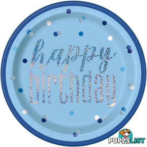 Blue Happy Birthday 8 x 23cm (9) Prismatic Paper Plates - 011179835959