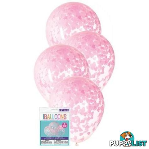 5 x 40.6cm (16) Clear Balloons Prefilled With Lovely Pink Heart Shaped Confetti - 011179733750