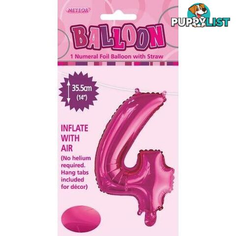 Hot Pink 4 Numeral Foil Balloon 35cm (14) - 9311965429043